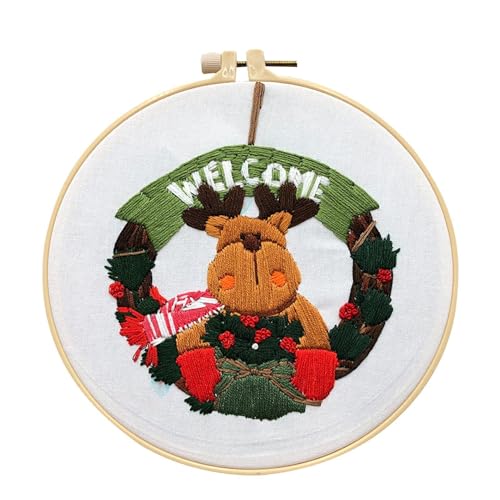 Rqrdww Embroidery Kit Elk, Kids Beginner Embroidery, Winter Theme Needlepoint, 7.87 Inch Hoop Kit, Elk Pattern Craft, Children's Embroidery Set, Embroidery Project, Easy Sewing, Craft Kits F von Rqrdww