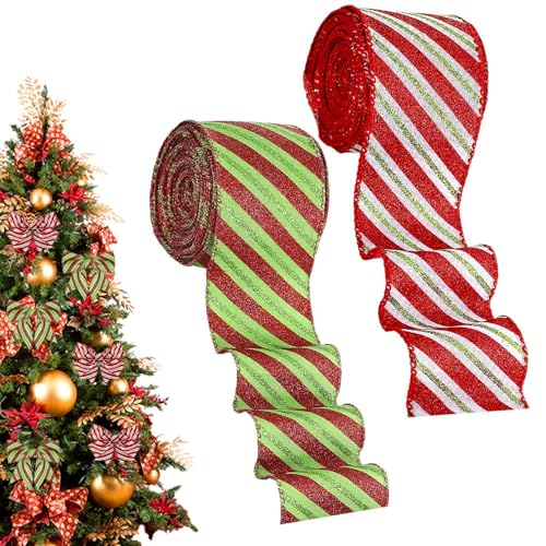 Weihnachtsband mit Glitzerstreifen, rot-weißes Ripsband, verdrahtete Weihnachtsbänder, dekorative gestreifte Bänder, Weihnachtsband, Weihnachtsband, Weihnachtsbaumbänder, gestreifte dekorative Akzente von Rqrdww