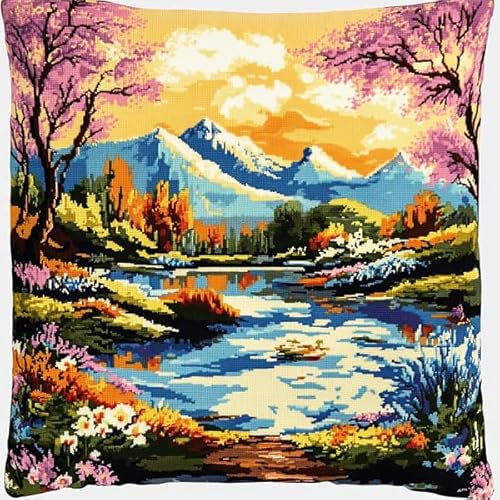 Rqwybcaxn Bezaubernder Kissenbezug im Kreuzstich-Stil mit Frühlingslandschaft,handgefertigtes,bedrucktes Kreuzstich-Kissen-Stickset für die Heimdekoration,45x45 cm von Rqwybcaxn