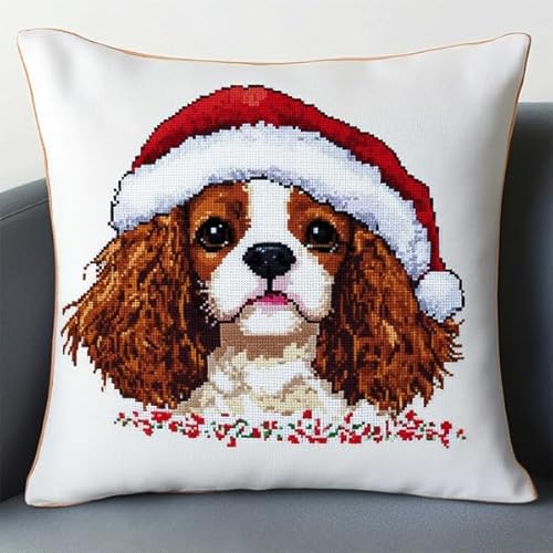 Rqwybcaxn Cavalier King Charlie Jagdhund Stickset Kreuzstich Set Vorgedruckt - Kissen 45x45 cm -Stickset DIY Bastelset Erwachsene Zum Sticken Mit Stickvorlage & Sticknadel Und Stickgarn von Rqwybcaxn