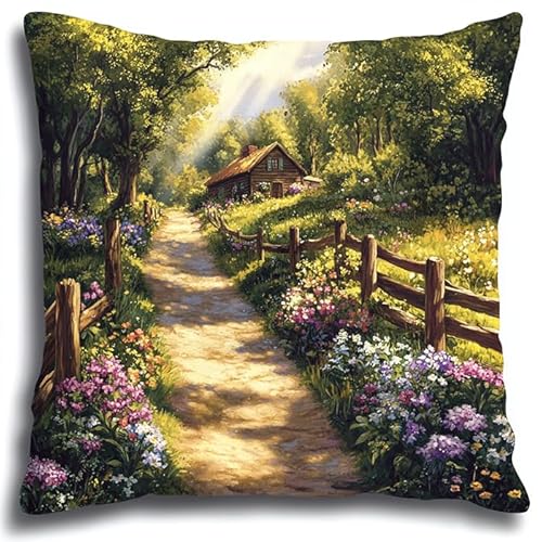 Rqwybcaxn DIY Kreuzstich-Kissen-Set 45x45 cm,Komplett-Stickpackung mit Stickvorlage,Sticknadel,Stickgarn für Anfänger,Kreativer Kissenbezug zum Selbergestalten & Basteln,Pastorale Landschaft von Rqwybcaxn