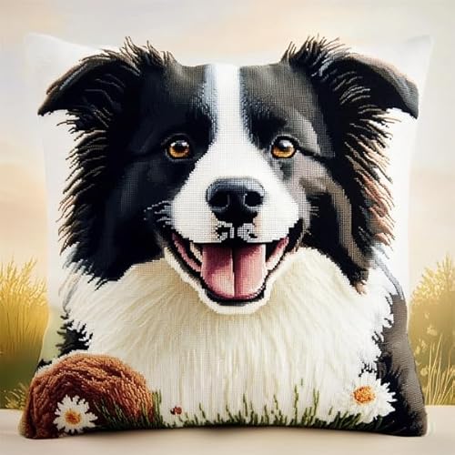 Rqwybcaxn DIY Stickkissen-Set mit Kissenbezug 45x45 cm Kreativset für Wohndecken-Kissen,Stickset Anfänger Bastelsets für Erwachsene,18x18 inch,Border Collie von Rqwybcaxn