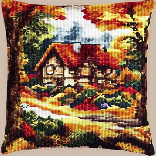 Rqwybcaxn Ein kleines Haus im Wald Stickset Kreuzstich Kissen Set Vorgedruckt - Anfänger DIY Bastelset Erwachsene zum Sticken mit Stickvorlage & Sticknadel und Stickgarn 45x45cm von Rqwybcaxn