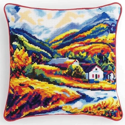 Rqwybcaxn Herbstlandschaft des Bauernhofes Stickset Kreuzstich Kissen Set Vorgedruckt - Anfänger DIY Bastelset Erwachsene zum Sticken mit Stickvorlage & Sticknadel und Stickgarn 45x45cm von Rqwybcaxn