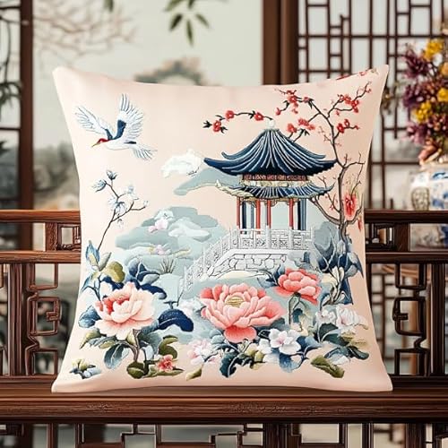 Rqwybcaxn Kissenbezug im Kreuzstich-Stil Chinesischer Garten,handgefertigtes,bedrucktes Kreuzstich-Kissen-Stickset für die Heimdekoration,45x45 cm von Rqwybcaxn