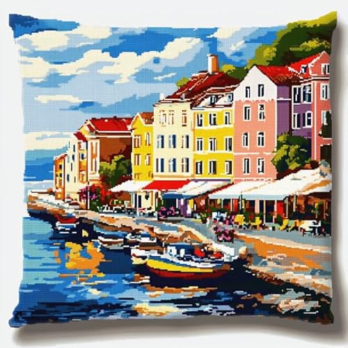 Rqwybcaxn Kissenbezug im Kreuzstich-Stil Coastal Colourful Town,handgefertigt,bedrucktes Kreuzstich-Kissen-Stickset für Heimdekoration,45x45 cm von Rqwybcaxn