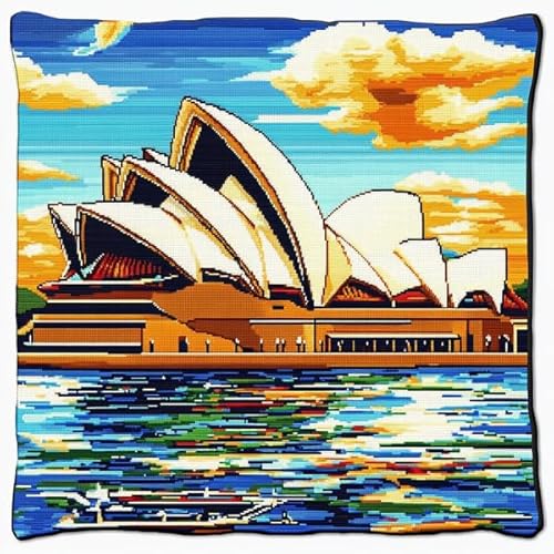 Rqwybcaxn Kissenbezug im Kreuzstich-Stil des Sydney Opera House,handgefertigtes,bedrucktes Kreuzstich-Kissen-Stickset für die Heimdekoration,45x45 cm von Rqwybcaxn