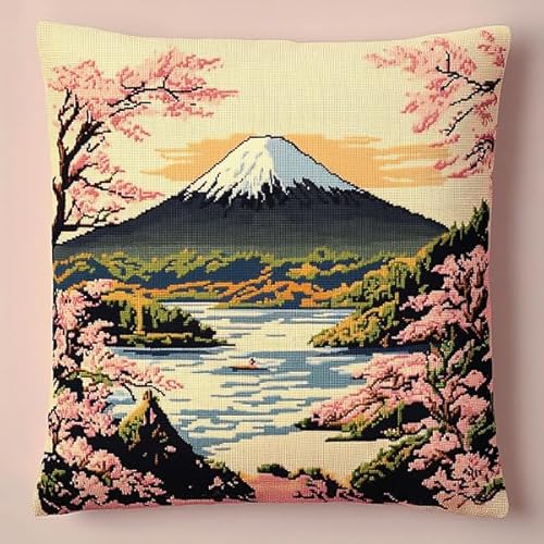 Rqwybcaxn Kissenbezug im Kreuzstich-Stil mit Fuji-Mount und Kirschblüte,handgefertigtes,bedrucktes Kreuzstich-Kissen-Stickset für die Heimdekoration,45x45 cm von Rqwybcaxn