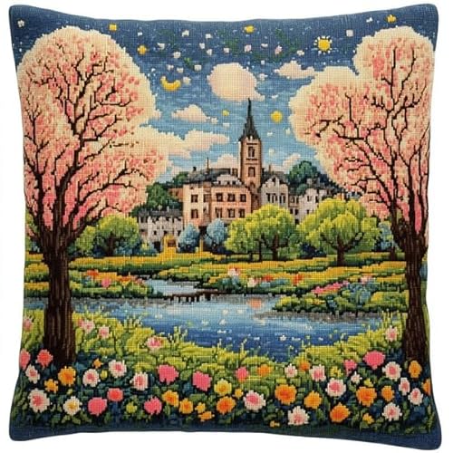 Rqwybcaxn Kissenbezug im Kreuzstich-Stil mit Gartenschloss,handgefertigtes,bedrucktes Kreuzstich-Kissen-Stickset für die Heimdekoration,45x45 cm von Rqwybcaxn