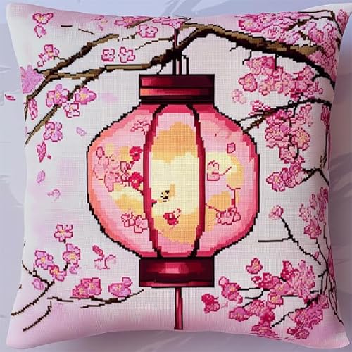 Rqwybcaxn Kissenbezug im Kreuzstich-Stil mit Sakura-Laterne,handgefertigtes,bedrucktes Kreuzstich-Kissen-Stickset für die Heimdekoration,45x45 cm von Rqwybcaxn