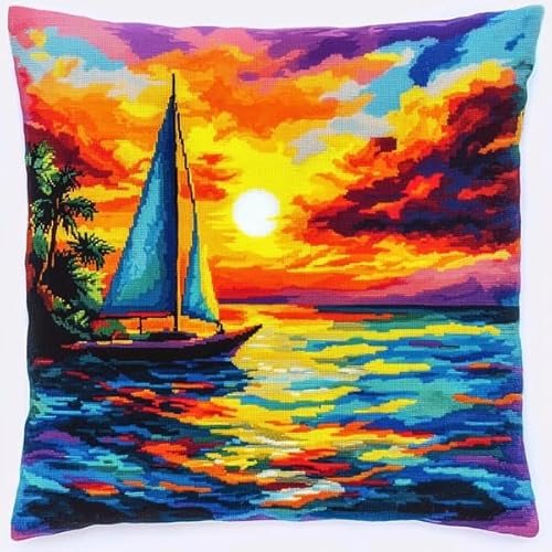 Rqwybcaxn Kissenbezug im Kreuzstich-Stil mit Sonnenuntergang und Meerblick,handgefertigtes,bedrucktes Kreuzstich-Kissen-Stickset für die Heimdekoration,45x45 cm von Rqwybcaxn