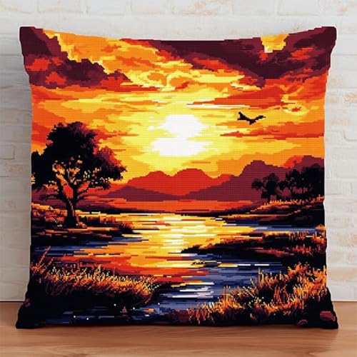 Rqwybcaxn Kissenbezug im Kreuzstich-Stil mit Sonnenuntergangslandschaft,handgefertigtes,bedrucktes Kreuzstich-Kissen-Stickset für die Heimdekoration,45x45 cm von Rqwybcaxn