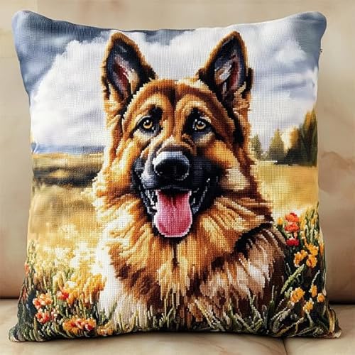 Rqwybcaxn Kissenbezug im Kreuzstich-Stil mit deutschem Schäferhund,handgefertigtes,bedrucktes Kreuzstich-Kissen-Stickset für die Heimdekoration,45x45 cm von Rqwybcaxn