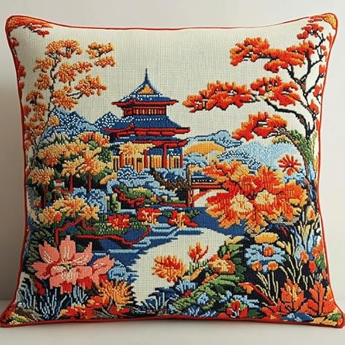 Rqwybcaxn Kissenbezug im Kreuzstich-Stil mit japanischem Garten,handgefertigtes,bedrucktes Kreuzstich-Kissen-Stickset für die Heimdekoration,45x45 cm von Rqwybcaxn