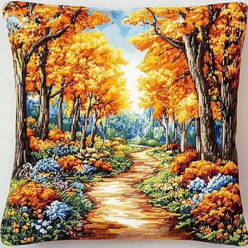 Rqwybcaxn Kissenbezug mit Kreuzstich-Motiv Wald-Herbst-Szene,handgefertigt,bedruckt,Kreuzstich-Stickset für Kissen als Heimdekoration,45x45 cm von Rqwybcaxn