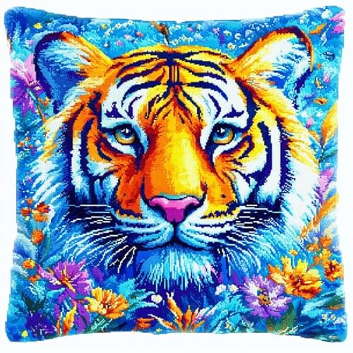 Rqwybcaxn Kissenbezug mit Kreuzstich-Motiv im Tiger-Stil mit Blumenmuster,handgefertigtes Stickset mit Kreuzstich-Stickerei für Kissen als Heimdekoration,45x45 cm von Rqwybcaxn