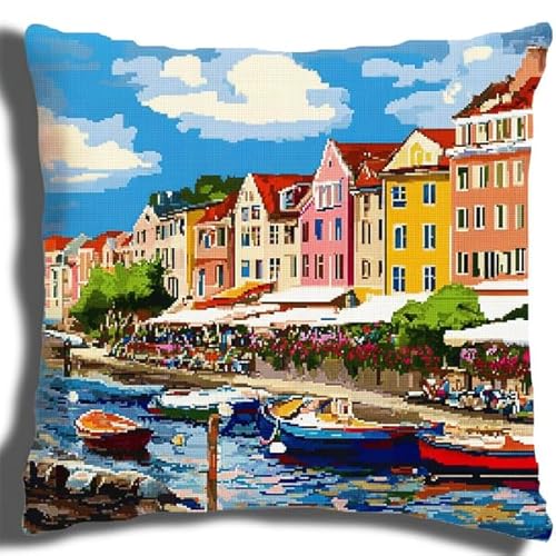 Rqwybcaxn Kissenbezug mit Stickerei Coastal Colourful Town,quadratisch,45x45 cm,dekorativer Kissenbezug,perfekt für Sofa und Heimdekoration von Rqwybcaxn