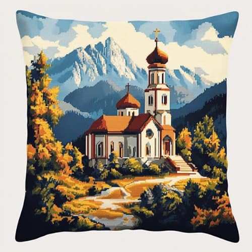 Rqwybcaxn Kissenbezug mit Stickerei im Country-Stil mit Kirchenlandschaft,45x45 cm,quadratisch,dekorativer Kissenbezug,perfekt für Sofa und Heimdekoration von Rqwybcaxn