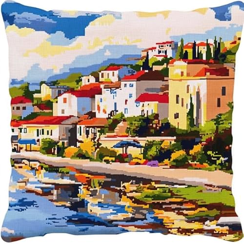 Rqwybcaxn Kreuzstich-Kissenset Coastal Town,11-fädiges Stickset zum Selbermachen als Wohnzimmerdekoration,Bastelzubehör inklusive,45x45 cm von Rqwybcaxn