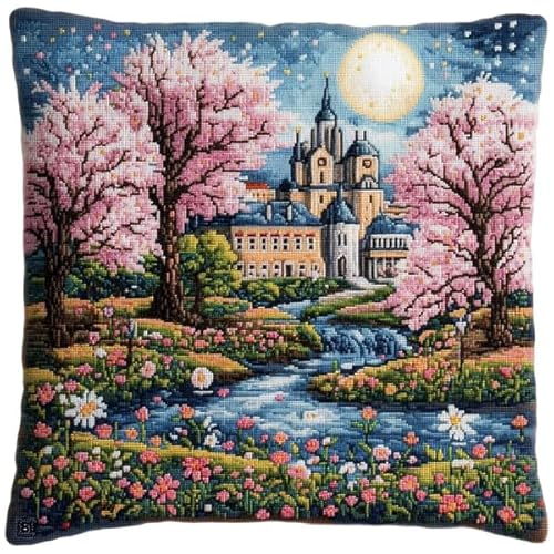 Rqwybcaxn Kreuzstich-Kissenset Gartenschloss,11CT DIY-Stickset für Wohnzimmerdekor,Bastelzubehör inklusive,45x45 cm von Rqwybcaxn