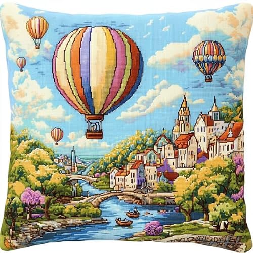 Rqwybcaxn Kreuzstich-Kissenset Stadt-Heißluftballon,11-fädiges DIY-Stickset als Wohnzimmerdekoration,Bastelzubehör inklusive,45x45 cm von Rqwybcaxn