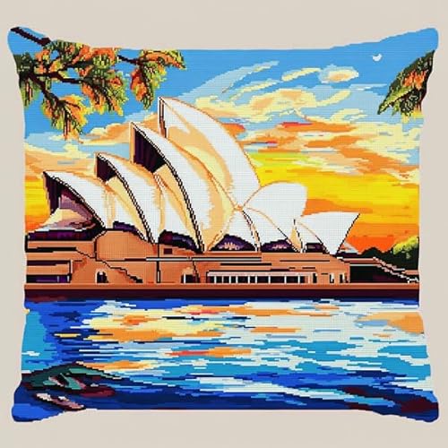 Rqwybcaxn Kreuzstich-Kissenset Sydney Opera House,11-fädiges Stickset zum Selbermachen als Wohnzimmerdekoration,Bastelzubehör inklusive,45x45 cm von Rqwybcaxn