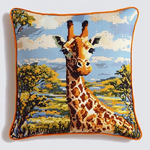 Rqwybcaxn Kreuzstich-Kissenset mit Kissen,afrikanische Giraffe,DIY-Heimdekoration,Stickkissen,Bastelbedarf,45x45 cm,Nadelspitzen-Sets für Erwachsene von Rqwybcaxn