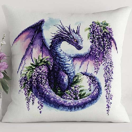 Rqwybcaxn Kreuzstich-Kissenset mit Kissen,lila Drache,DIY-Heimdekor,Stickkissen,Bastelbedarf,45x45 cm,Nadelspitzen-Sets für Erwachsene von Rqwybcaxn