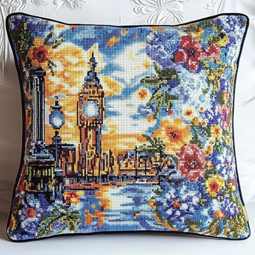 Rqwybcaxn Kreuzstich-Kissenset mit Londoner Landschaft,11CT DIY-Stickset für Wohnzimmerdekoration,Bastelzubehör inklusive,45x45 cm von Rqwybcaxn