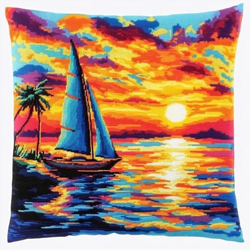 Rqwybcaxn Kreuzstich-Kissenset mit Sonnenuntergang und Meerblick,11-fädig,Stickset zum Selbermachen als Wohnzimmerdekoration,Bastelzubehör inklusive,45x45 cm von Rqwybcaxn