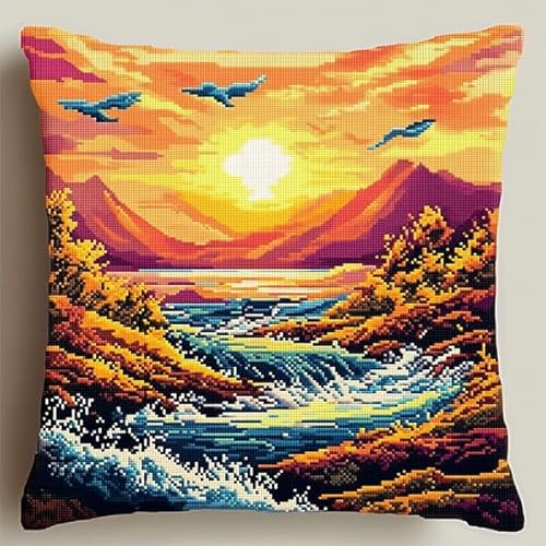 Rqwybcaxn Kreuzstich-Kissenset mit Sonnenuntergangslandschaft,11CT DIY-Stickset für Wohnzimmerdekoration,Bastelzubehör inklusive,45x45 cm von Rqwybcaxn