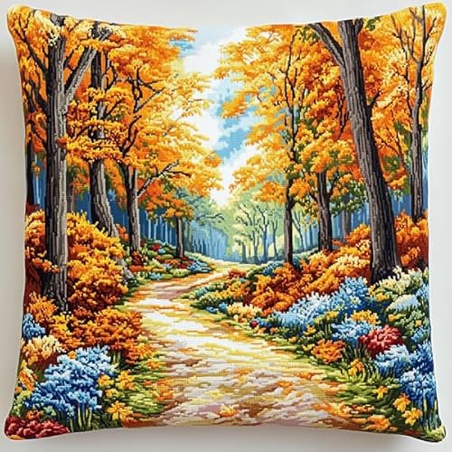 Rqwybcaxn Kreuzstich-Kissenset mit Wald-Herbstszene,11-fädig,Stickset zum Selbermachen als Wohnzimmerdekoration,Bastelzubehör inklusive,45x45 cm von Rqwybcaxn