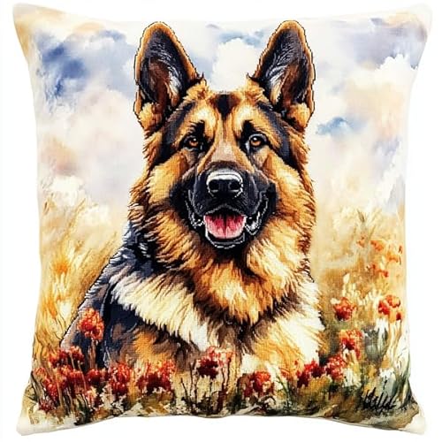 Rqwybcaxn Kreuzstich-Kissenset mit deutschem Schäferhund,11CT DIY-Stickset für Wohnzimmerdekoration,Bastelzubehör inklusive,45x45 cm von Rqwybcaxn