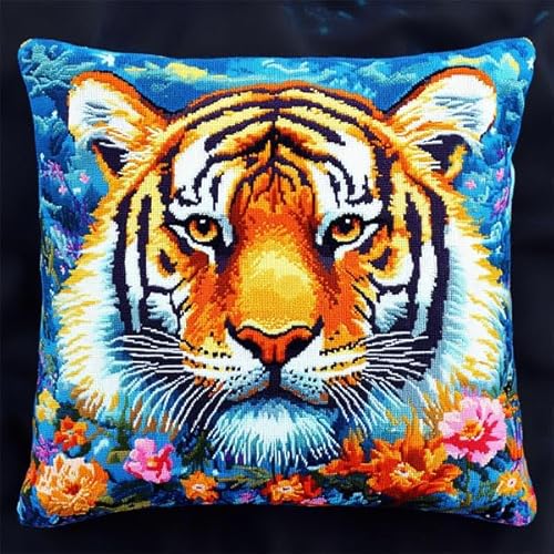 Rqwybcaxn Kreuzstich-Kissenset mit floralem Tiger-Motiv,11-fädig,Stickset zum Selbermachen als Wohnzimmerdekoration,Bastelzubehör inklusive,45x45 cm von Rqwybcaxn