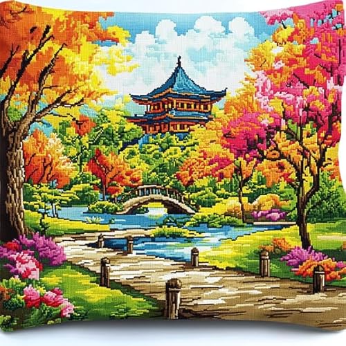 Rqwybcaxn Kreuzstich-Kissenset mit japanischer Landschaft,11CT DIY-Stickset für Wohnzimmerdekor,Bastelzubehör inklusive,45x45 cm von Rqwybcaxn