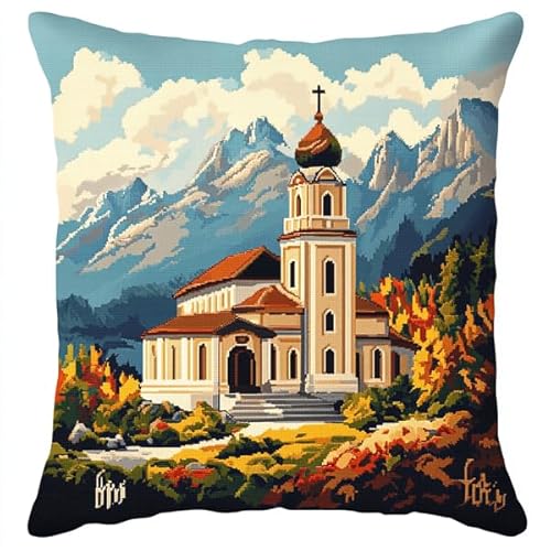 Rqwybcaxn Kreuzstich-Kissenset mit ländlicher Kirchenlandschaft,11-fädiges Stickset zum Selbermachen als Wohnzimmerdekoration,Bastelzubehör inklusive,45x45 cm von Rqwybcaxn