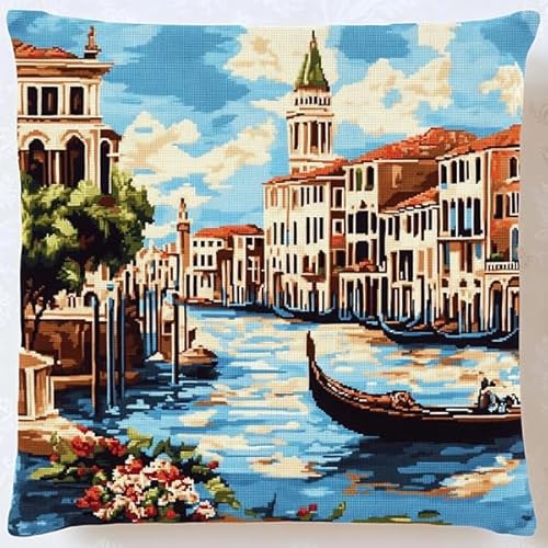 Rqwybcaxn Kreuzstich-Kissenset mit venezianischer Landschaft,11CT DIY-Stickset für Wohnzimmerdekoration,Bastelzubehör inklusive,45x45 cm von Rqwybcaxn