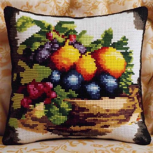 Rqwybcaxn Kreuzstich Komplettset für Erwachsene & Anfänger,DIY Stickkissen mit Kissenbezug Stickgarn & Nadeln,Handstickerei Bastelset 45x45 cm,Obstkorb Obst von Rqwybcaxn