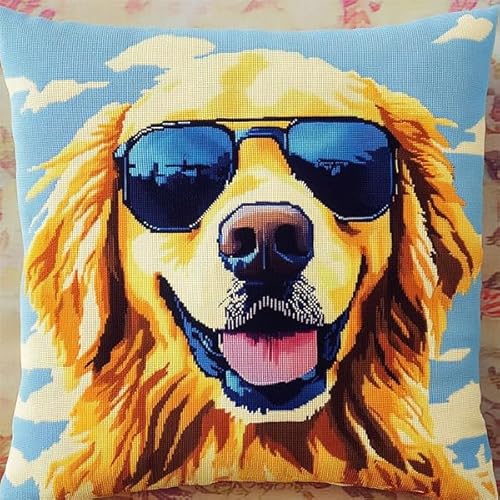 Rqwybcaxn Kreuzstichkissen Set für Erwachsene & Anfänger,11CT Stickset Kreuzstich Kissen mit Kissenbezug Stickgarn & Nadeln,Handstickerei Bastelset 45x45 cm,Golden Retriever Hund mit Sonnenbrille von Rqwybcaxn