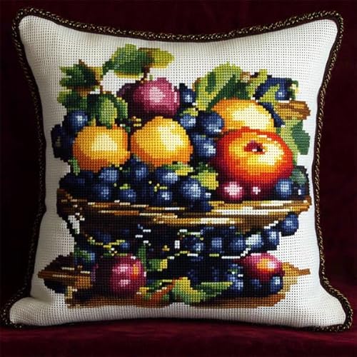 Rqwybcaxn Kreuzstichkissen Set für Erwachsene & Anfänger,11CT Stickset Kreuzstich Kissen mit Kissenbezug Stickgarn & Nadeln,Handstickerei Bastelset 45x45 cm,Obstkorb Obst von Rqwybcaxn