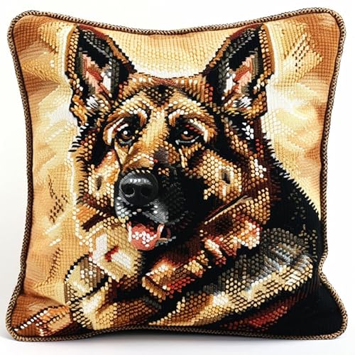 Rqwybcaxn Kreuzstichkissen Set mit Vorgedrucktem Motiv - 11ct DIY Stickpackung für Anfänger (45x45cm) - Handstickerei Stickset zum Selbermachen,Deutscher Schäferhund von Rqwybcaxn