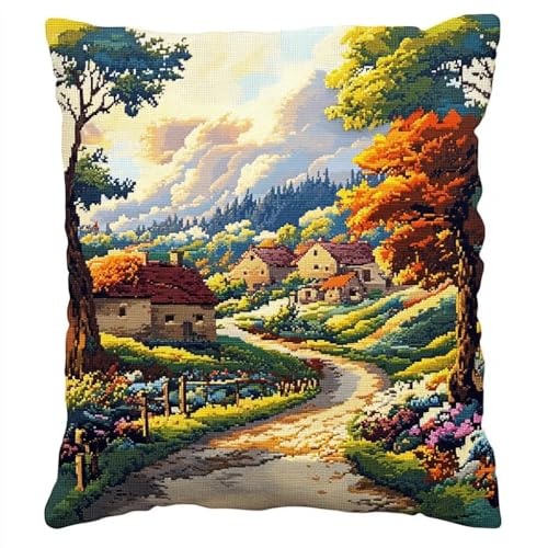 Rqwybcaxn Naturlandschaft Kreuzstich Kissen – Handgemacht, Waschbar, Ohne Füllung für eine gemütliche Wohnatmosphäre, 45x45 cm von Rqwybcaxn