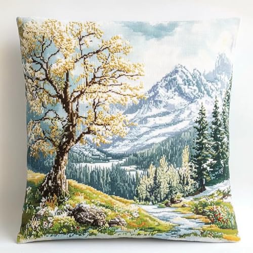 Rqwybcaxn Naturlandschaft Kreuzstich Kissen – Handgemacht, Waschbar, Ohne Füllung für eine gemütliche Wohnatmosphäre, 45x45 cm von Rqwybcaxn