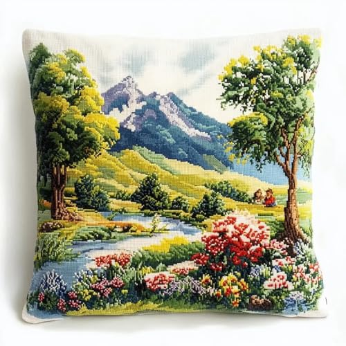 Rqwybcaxn Naturlandschaft Kreuzstich Kissen – Handgemacht, Waschbar, Ohne Füllung für eine gemütliche Wohnatmosphäre, 45x45 cm von Rqwybcaxn