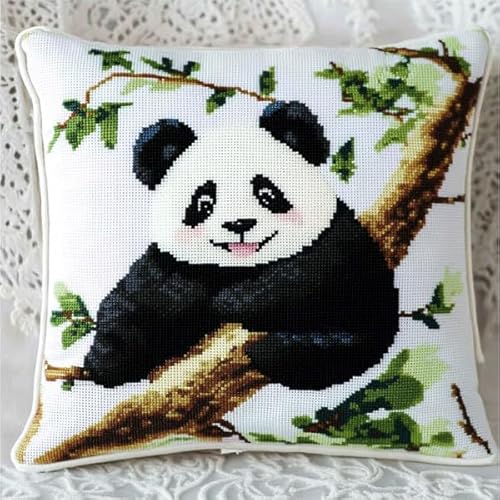 Rqwybcaxn Süßer Panda Kreuzstichkissen/Stickset Anfänger Kreuzstich Kissen Set DIY Bastelset Vorgezeichnet Erwachsene zum Sticken mit Stickvorlage & Sticknadel und Stickgarn 45x45cm von Rqwybcaxn