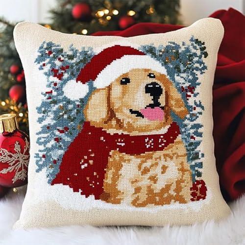 Rqwybcaxn Weihnachts-Golden Retriever Stickset Kreuzstich Kissen Set Vorgedruckt - Anfänger DIY Bastelset Erwachsene zum Sticken mit Stickvorlage & Sticknadel und Stickgarn 45x45cm von Rqwybcaxn