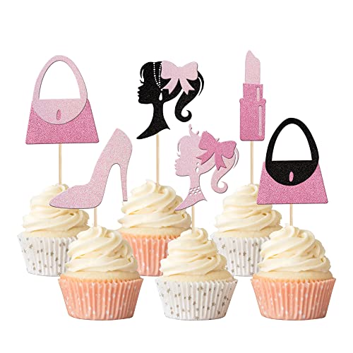 24 Stück rosa und schwarz Mädchen Cupcake Topper Glitzer Handtasche Fliege Lippenstift High Heel Prinzessin Cupcake Picks Dekorationen für Brautdusche Prinzessin Thema Babyparty Mädchen Geburtstag Party Supplies von Rsstarxi