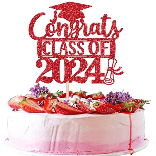 Rsstarxi 1 Pack Congrats Class of 2022 Cake Topper Glitter Congrats Class of 2022 Graduation Cap Diplom Cake Pick Dekorationen für 2022 Graduation Thema Party Supplies Rot von Rsstarxi