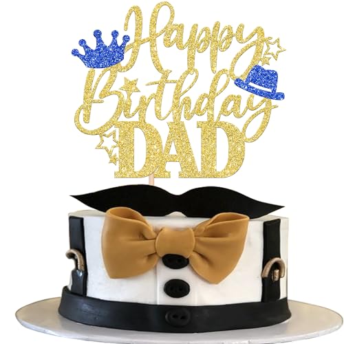 Rsstarxi 1 Pack Happy Birthday Dad Cake Topper with Glitter Crown Hat Love Father Best Dad Birthday Cake Pick for Happy Father's Day Thema Dad Birthday Party Cake Decorations Supplies Gold von Rsstarxi