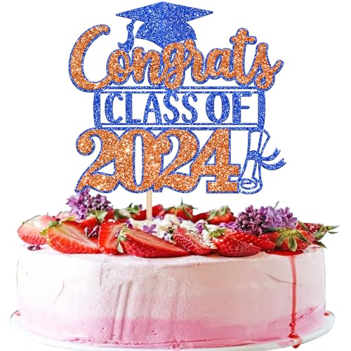 Rsstarxi 1 Packung Congrats Class of 2023 Cake Topper Glitter Congrats Class of 2023 Abschlusskappe Diplom Cake Pick for So Proud of You 2023 Abschluss Thema Party Kuchen Dekorationen Orange Blau von Rsstarxi